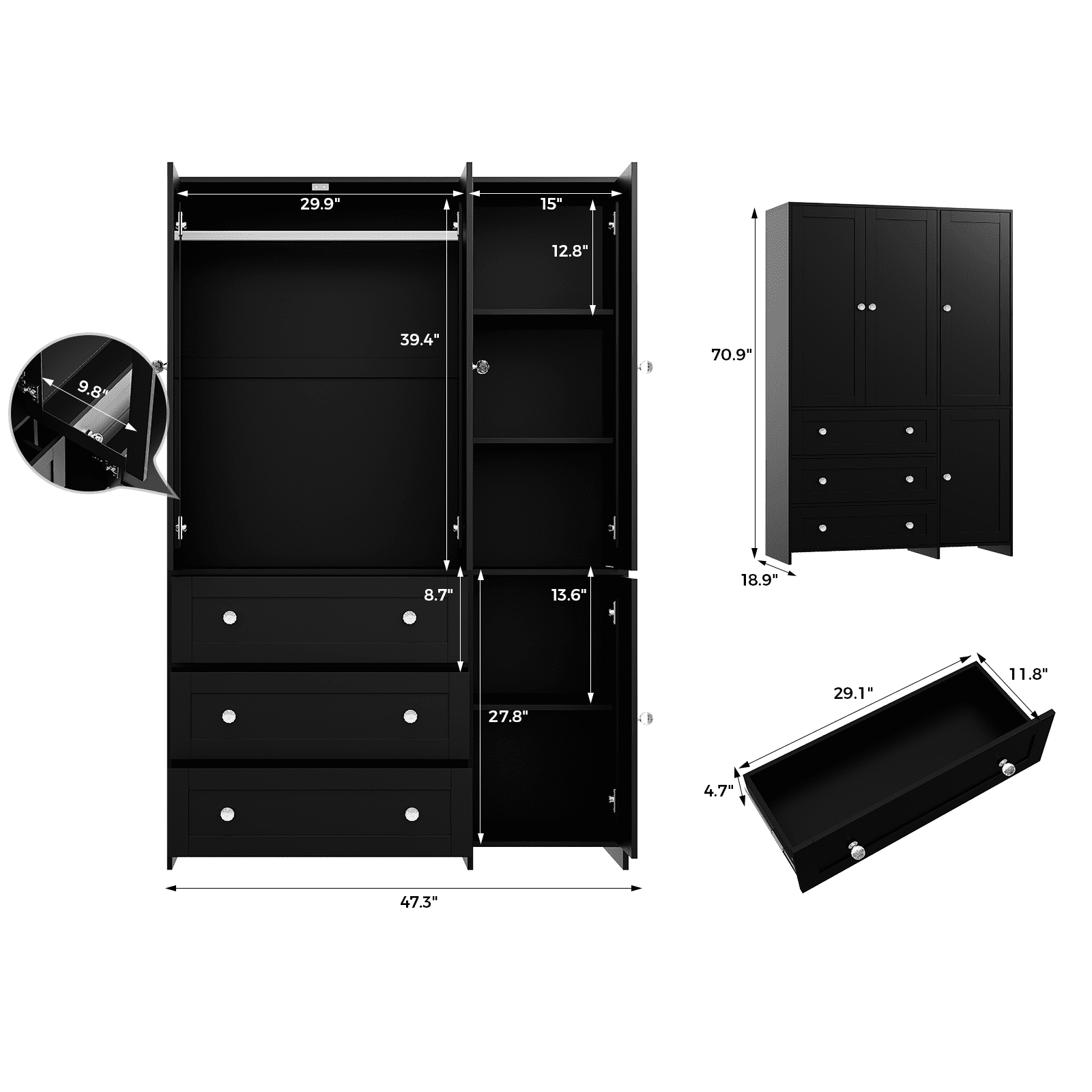 Richya Wardrobe Closet Armoire Storage Cabinet 3 Doors with Hanging Rod for Hanging Clothes Bedroom Large Capacity Tall Freestanding Armoire Organizer with Shelves particle board