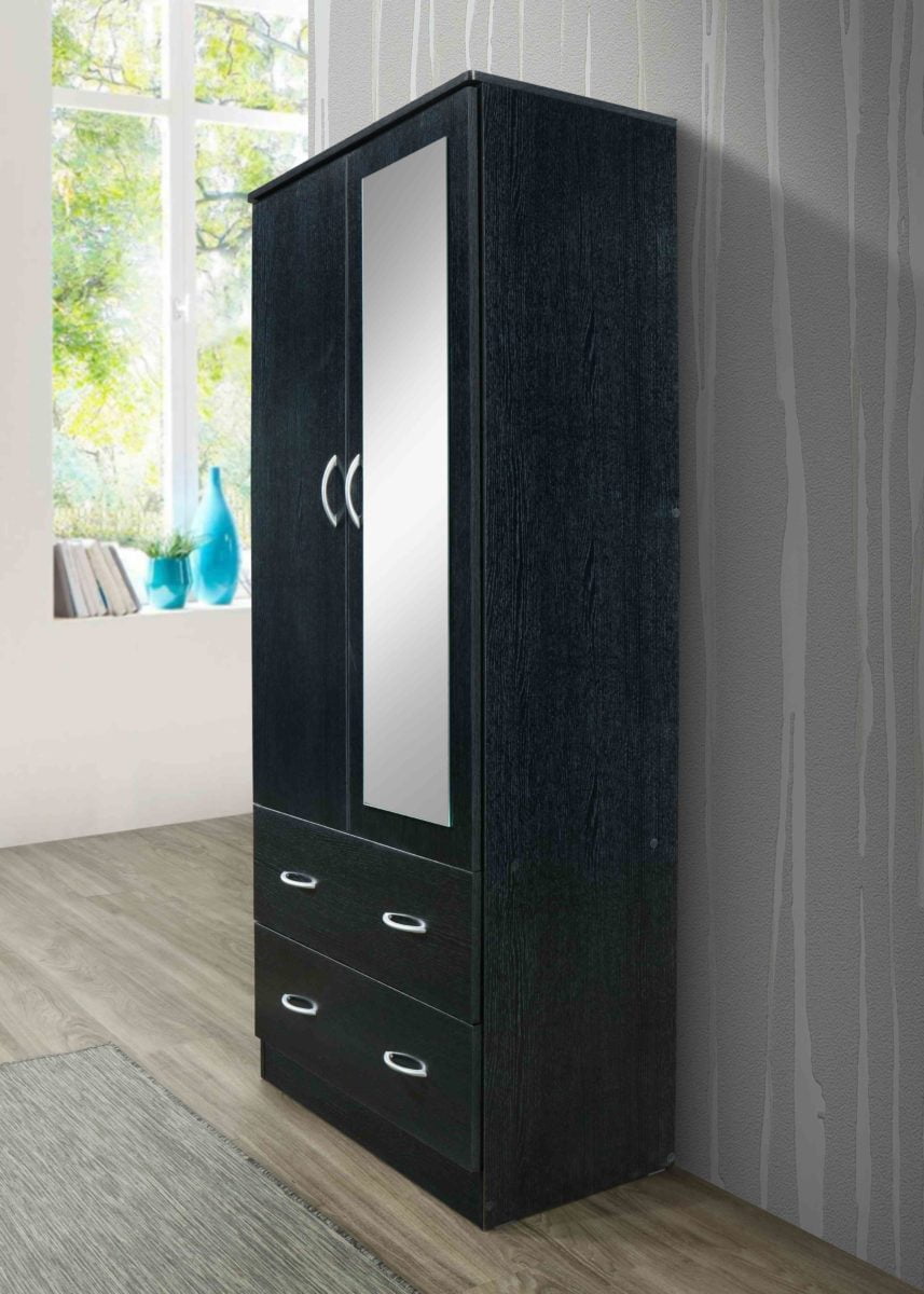 Hodedah Two Door Wardrobe with Two Drawers and Hanging Rod plus Mirror, Black