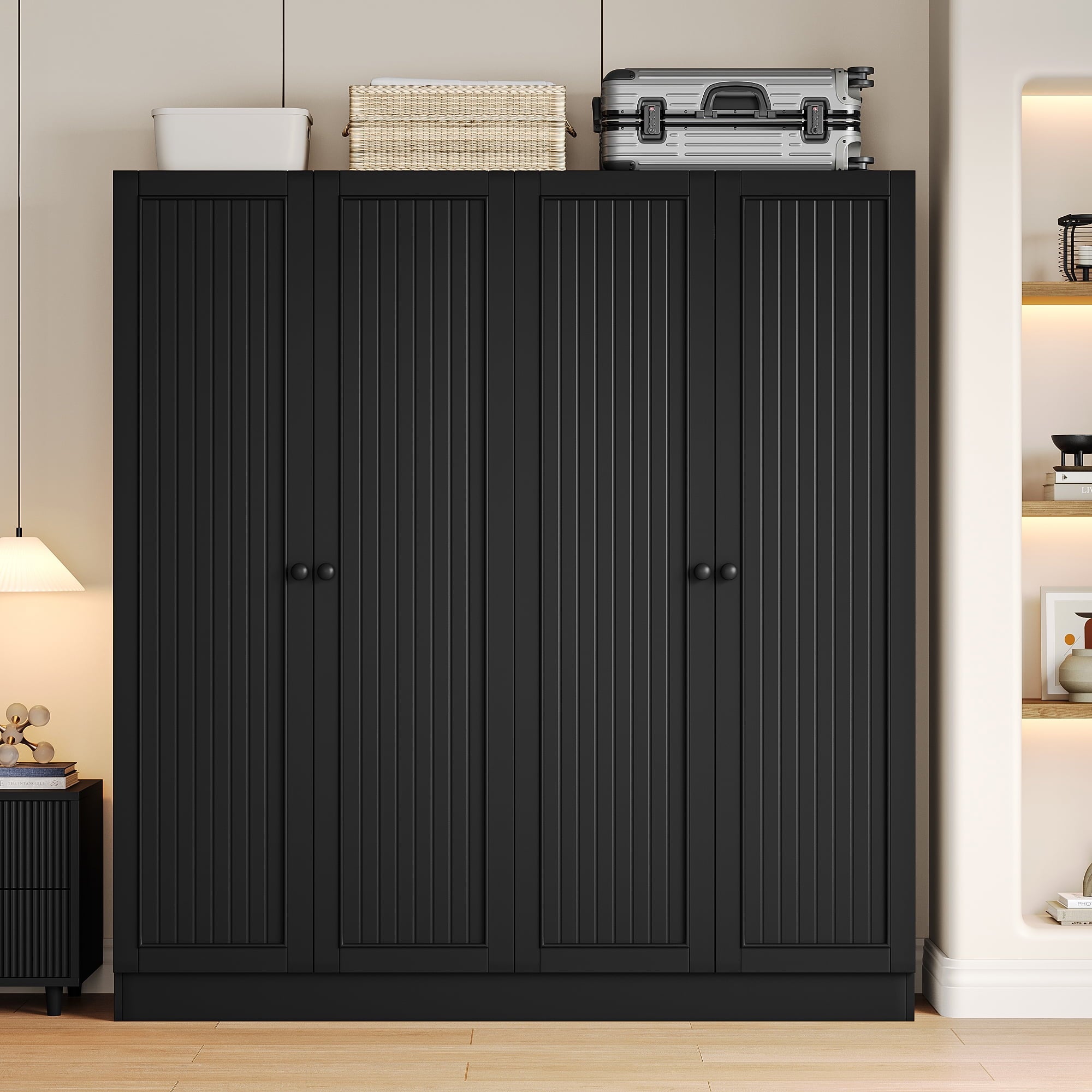 Virans  4 Door Armoire Wardrobe Closet with 2 Drawers,Adjustable Shelves & Hanging Rods,63 W Wood Clothes Cabinet Organizer for Bedroom,White