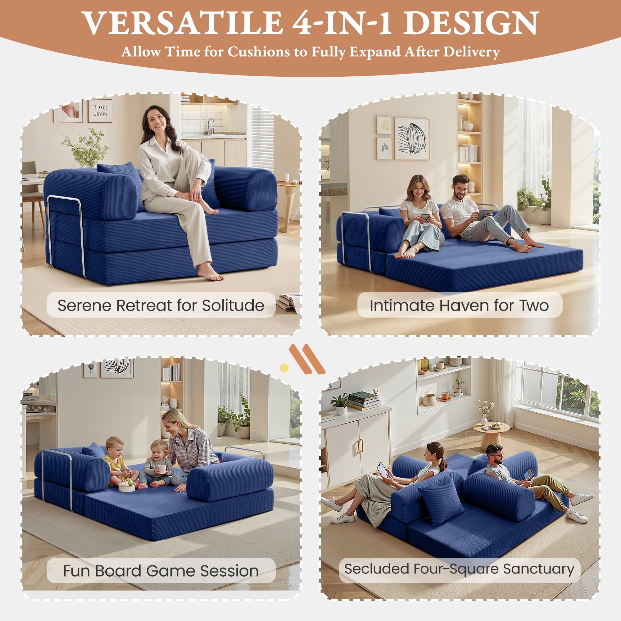 COOLHUT 63 W Combination Sofa, High Rebound Density Foam Sofa Couch, Two Forms Floor Couch Three Seats Sofa Bed for Living Room, Bedroom, Green