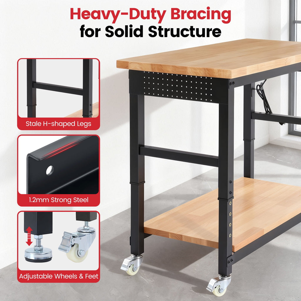 Workbench for Garage,ENJOYWOOD Heavy Duty 48 inch 2 Tier Wood Work Bench with Rolling Wheels and Power Outlets,Rubber Wood Tabletop,2000 LBS Load Bearing Workstation Garage Desk Table Worktable