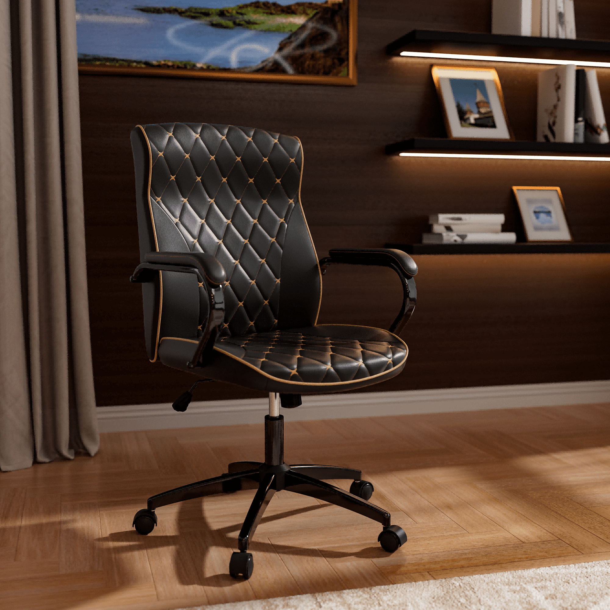 HomeZeer White and Gold Office Chair, Ergonomic High Back Executive Desk Chair with Wheels and Arms, Modern PU Leather Computer Chair with Rocking Function, White(Set of 2)