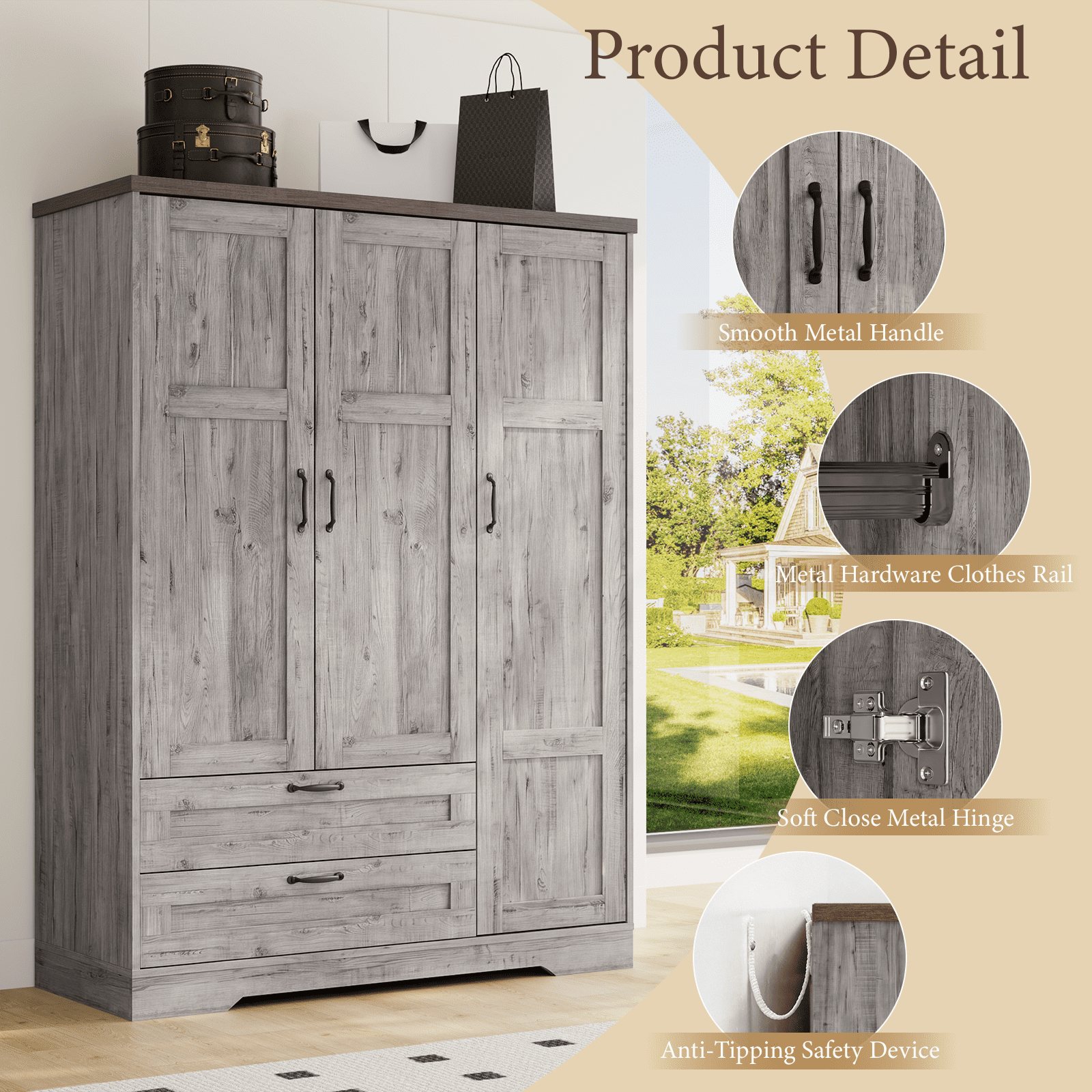 Brafabhome 71H Armoire Wardrobe Closet with 2 Drawers, Farmhouse 2 Doors Armoire Cabinet with Hanging Rod, Modern Freestanding Wardrobe Clothes Cabinet for Bedroom | Gray