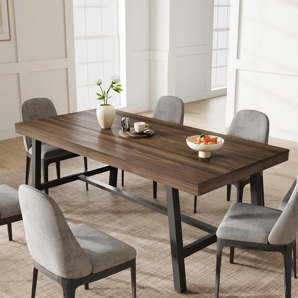 Industrial Dining Table for 6-8 People, 70.87 Long Wooden Kitchen Table with Sturdy Metal Frame & Natural Finish, Seats 6 Rectangular Counter for Dinner, Kitchen, Dining Room - Natural