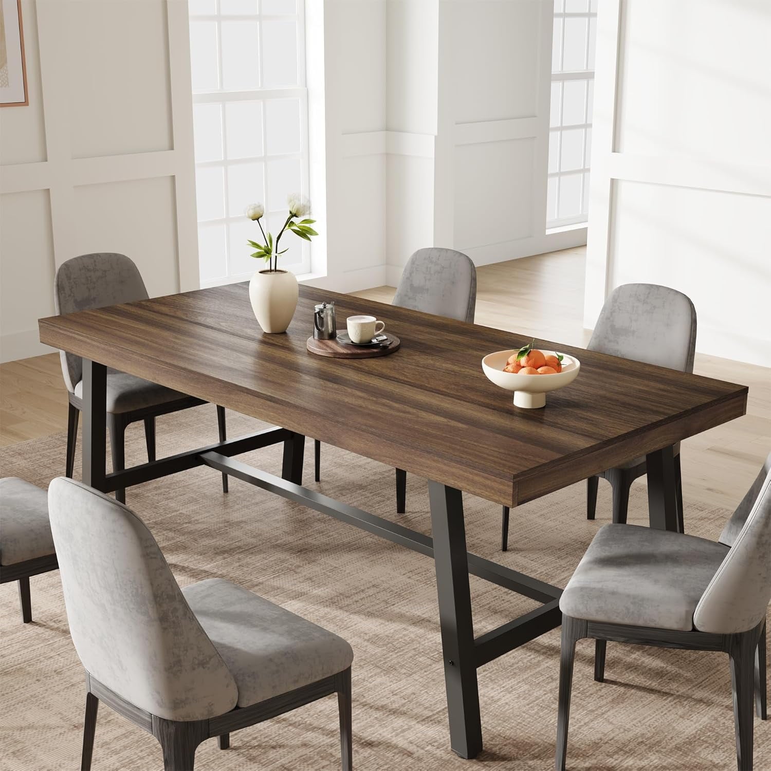 Industrial Dining Table for 6-8 People, 70.87 Long Wooden Kitchen Table with Sturdy Metal Frame & Natural Finish, Seats 6 Rectangular Counter for Dinner, Kitchen, Dining Room - Natural