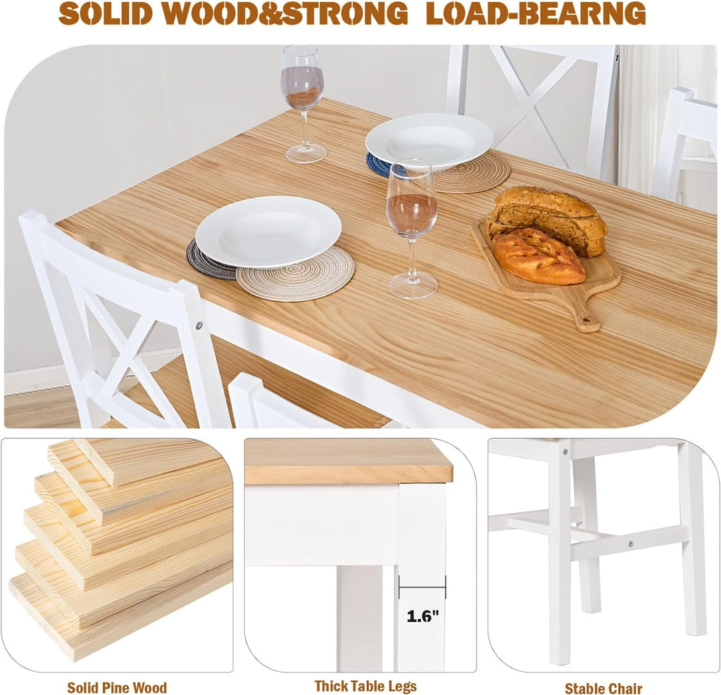 Soges 4-Person Dining Table Set 5 Pieces, Wood Kitchen Table Set with 4 Chairs for Kitchen Dining Room Restaurant, White&Oak