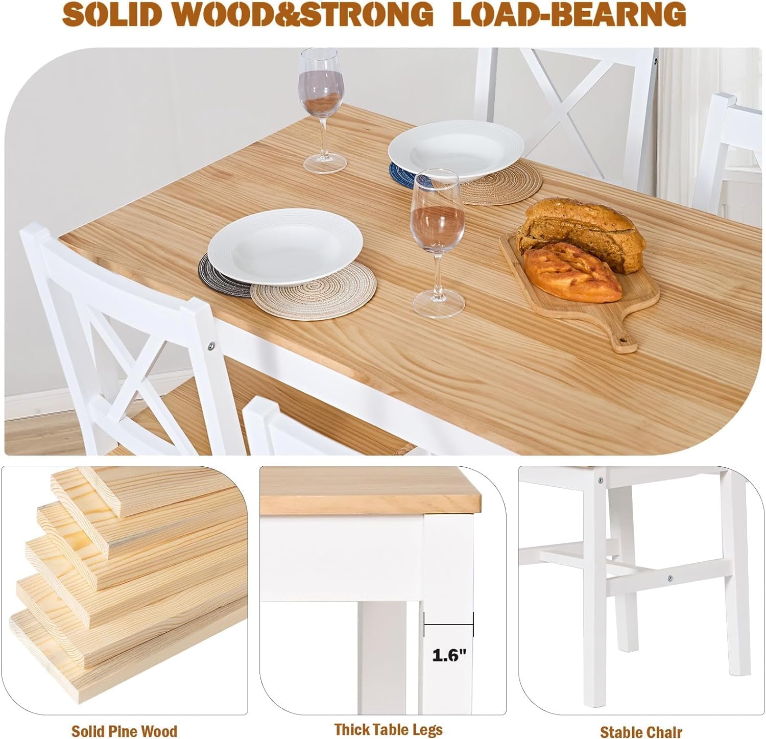 Soges 4-Person Dining Table Set 5 Pieces, Wood Kitchen Table Set with 4 Chairs for Kitchen Dining Room Restaurant, White&Oak