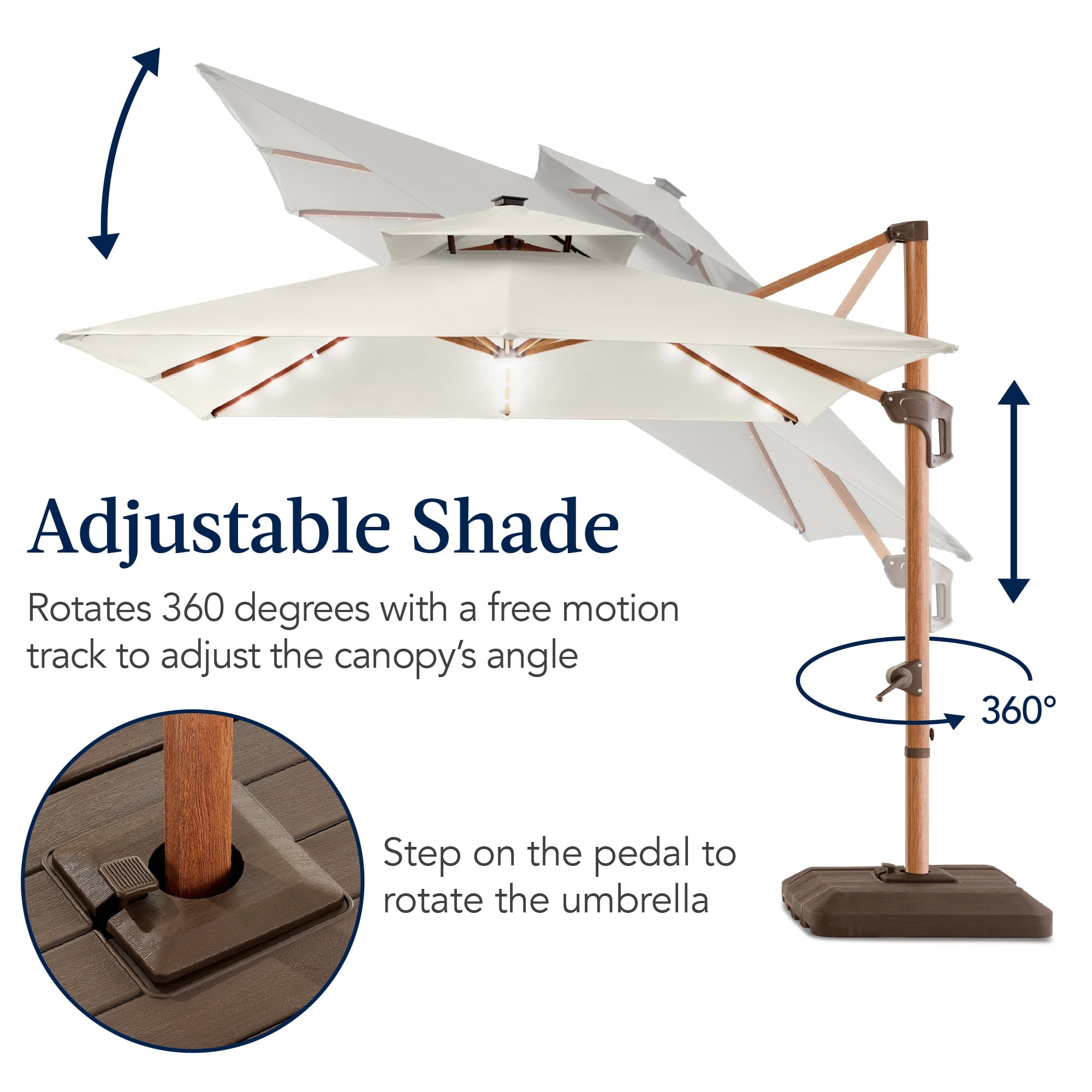 Best Choice Products 10ft Square Woodgrain Pattern 2-Tier Outdoor Solar LED Cantilever Umbrella w/ Base - Gray
