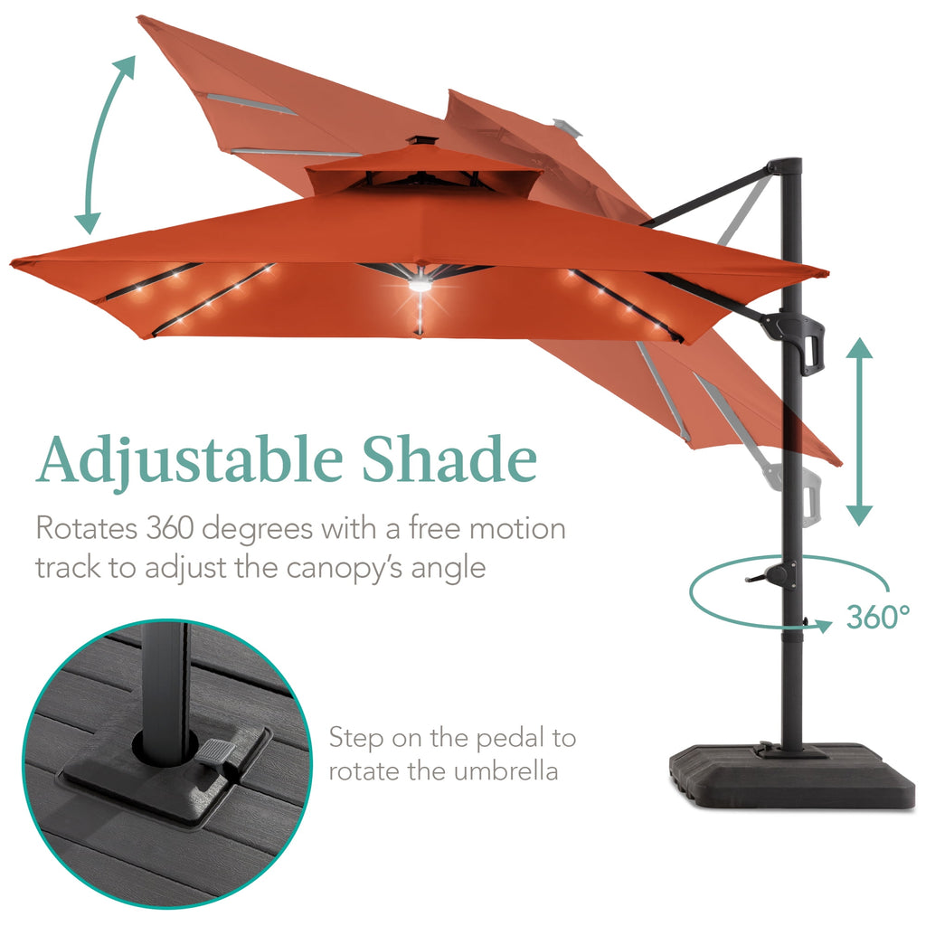 Best Choice Products 10x10ft 2-Tier Square Outdoor Solar LED Cantilever Patio Umbrella w/ Base Included - Tan
