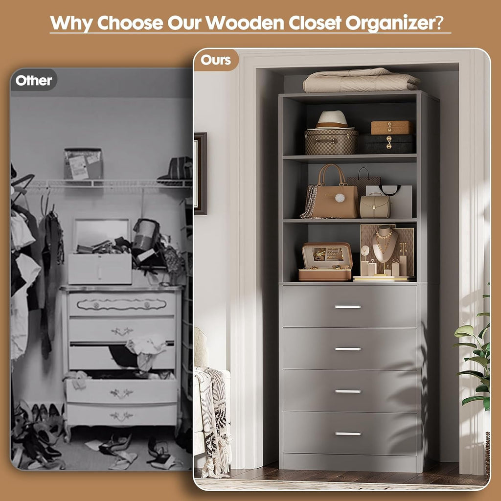 Homieasy 21.3 Inch Freestanding Closet System with 4 Wood Drawers and 3 Shelves for Walk-in Closet, Bedroom, White