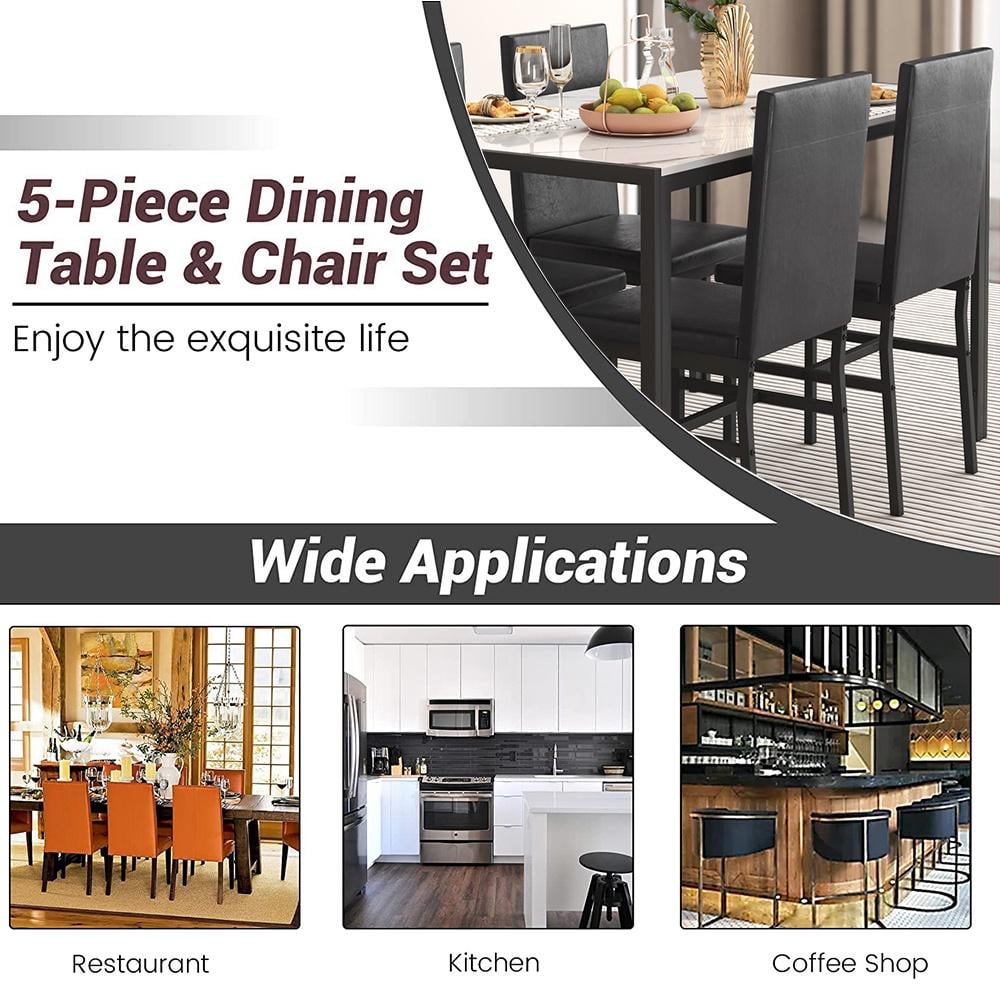 5 Piece Dining Table Set, Modern Faux Marble Tabletop and 4 PU Leather Upholstered Chairs, Rectangle Kitchen Table and Chairs for 4 Persons, Small Dining Set for Bar Dining Room Breakfast Nook