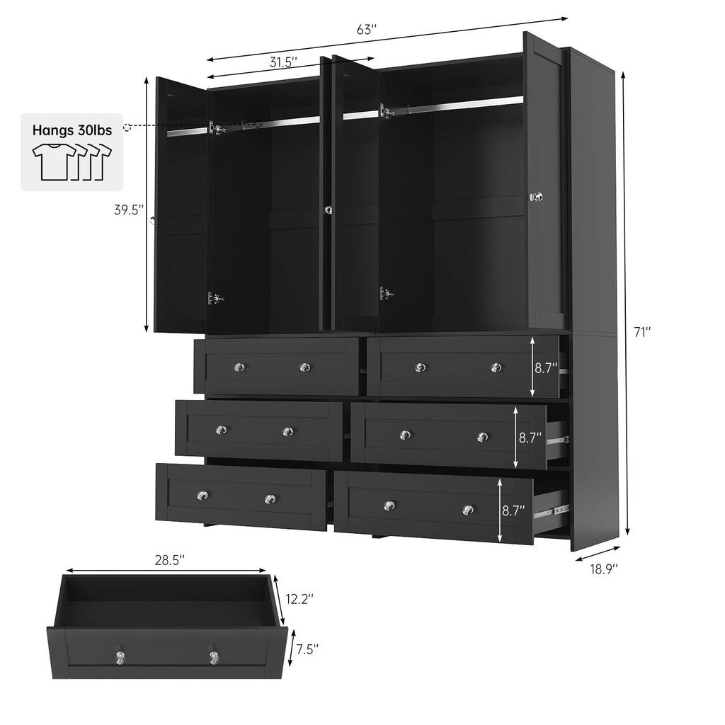 Richya Wooden Freestanding Wardrobe Closet Cabinet with 3 Drawers,Modern Wood Closet Storage Cabinet for Bedroom