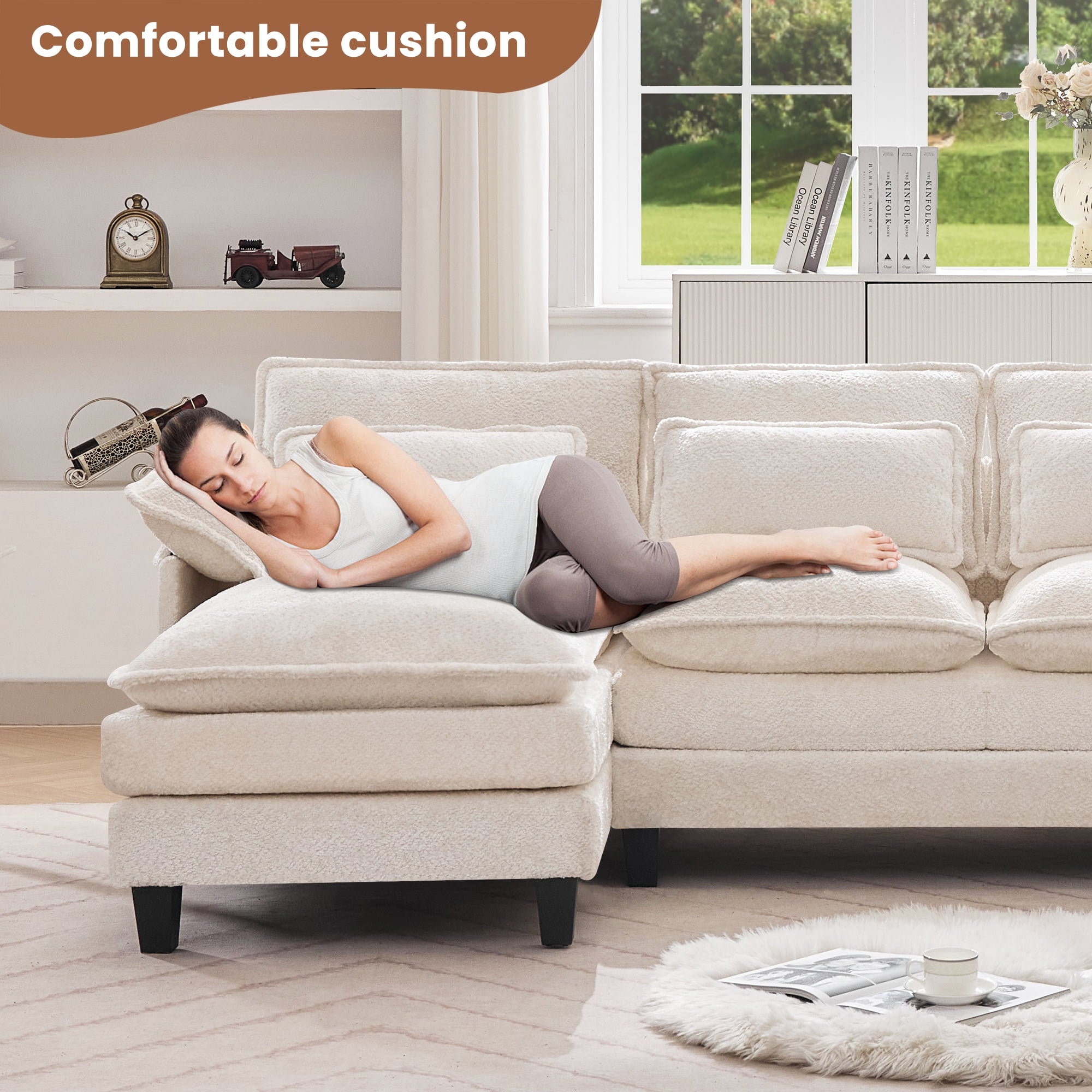 JONPONY109.45 U Shaped Couch,Oversized 4 Seat Sectional with 4 Waist Pillows, Convertible Upholstery Symmetrical Sofá,Sleeper Sofa Couch with Double Chaise Lounge &Memory Foam for Living Room, Beige