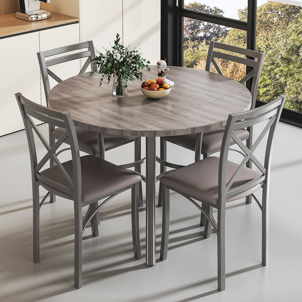VECELO 5-Piece Dining Table Set, Modern Faux Marble Table and 4 Upholstered Chairs Set for 4, Round Dining Room Table Set for Small Space, Breakfast Nook, Apartment, Black