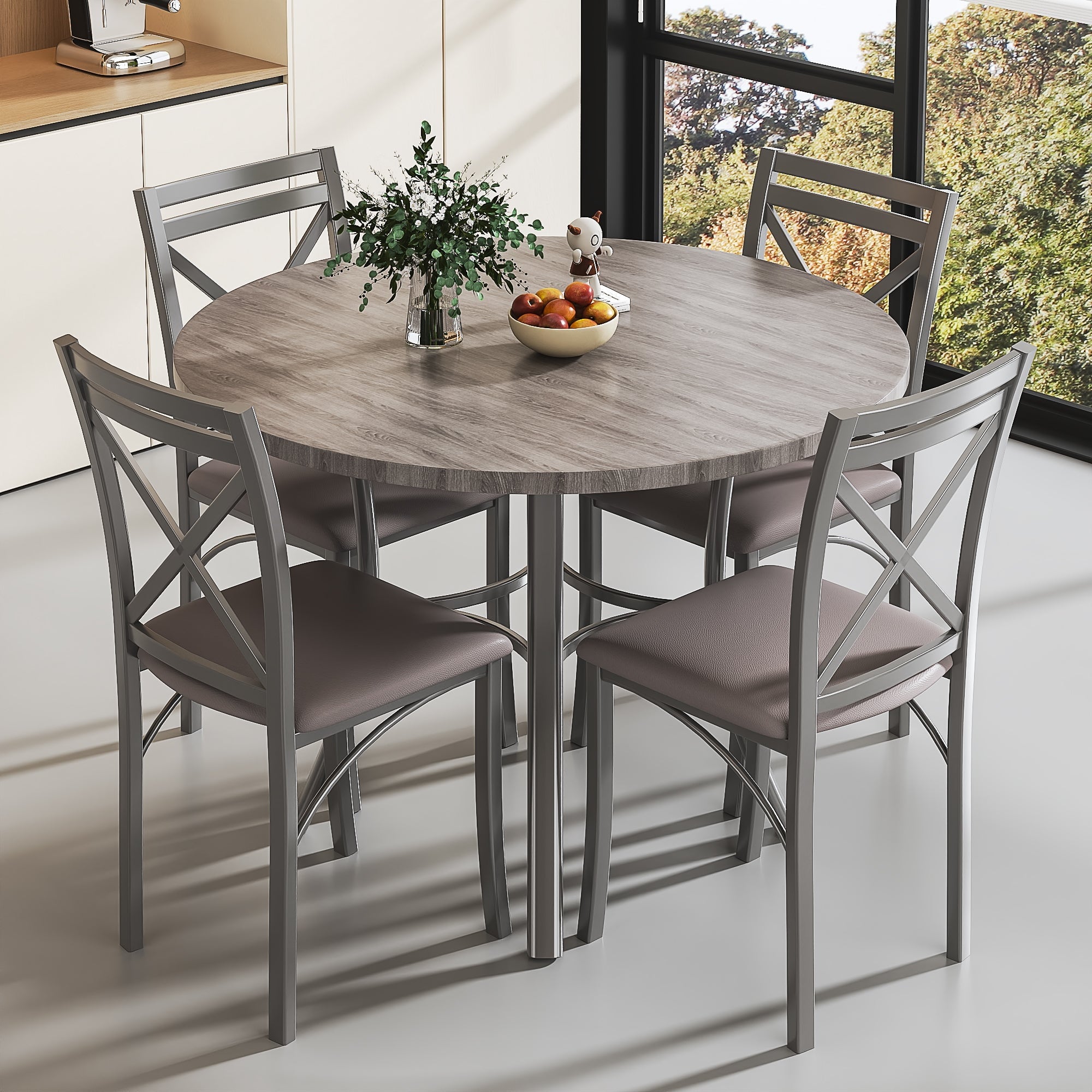 VECELO 5-Piece Dining Table Set, Modern Faux Marble Table and 4 Upholstered Chairs Set for 4, Round Dining Room Table Set for Small Space, Breakfast Nook, Apartment, Black