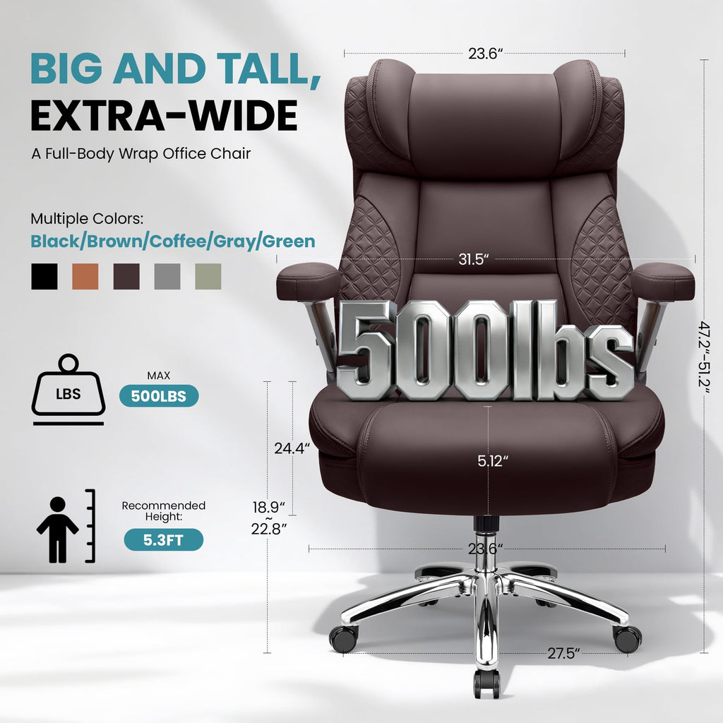FASTES Leather Office Chair Big and Tall Desk Office Chair, 500lbs Computer Chair Ergonomic Extra Wide Gaming Chair with Adjustable Lumbar Support 5D Flip Arms, Black