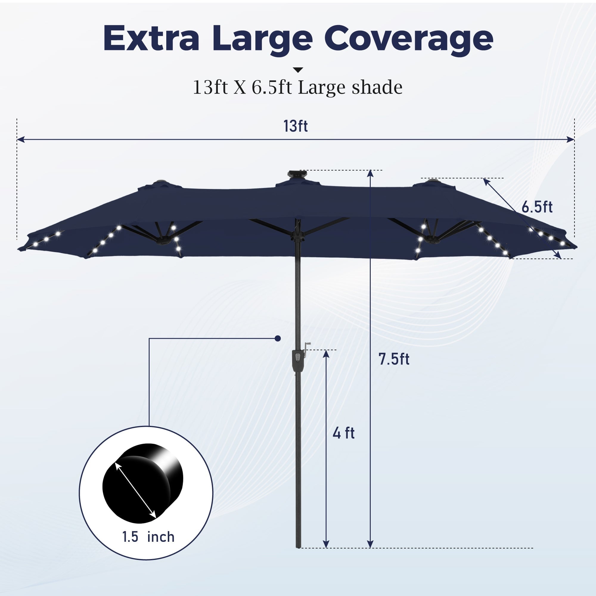Alpha Joy 13ft Large Double-Sided Outdoor Patio Umbrella with Colorful Solar Lights, Navy Blue