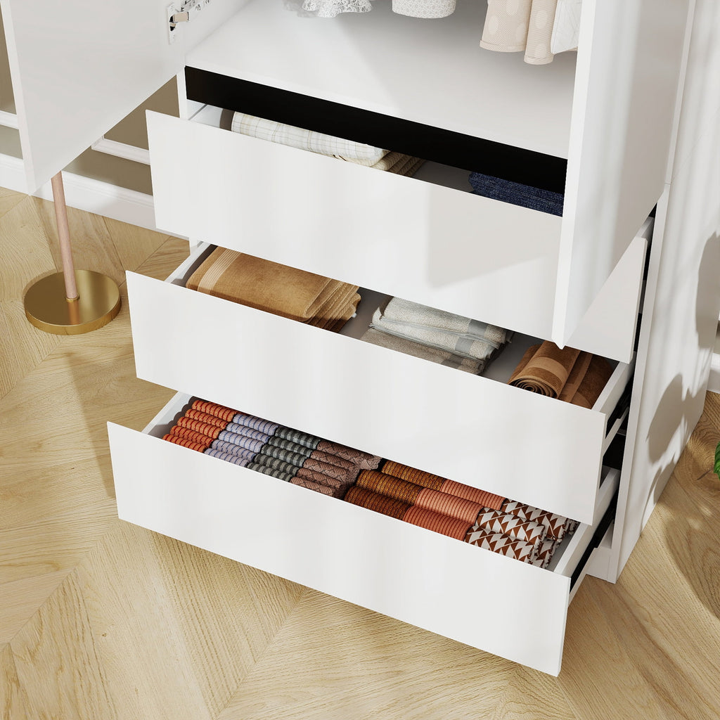 74.8''H Wooden Wardrobe Closet with 3 Drawers & Hanging Rod, 2-Door Armoire Cabinet with Smooth Drawer Slides for Bedroom