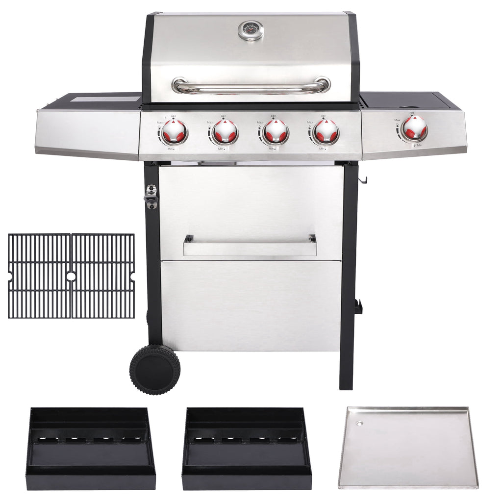 4 Burner Propane Gas Grill Combo w/Side Burner, 3-in-1 BBQ Grill with Charcoal Smoker & Griddle Plate, 46,750 BTU, 448 Sq.In. Stainless Steel Outdoor Cooking Station