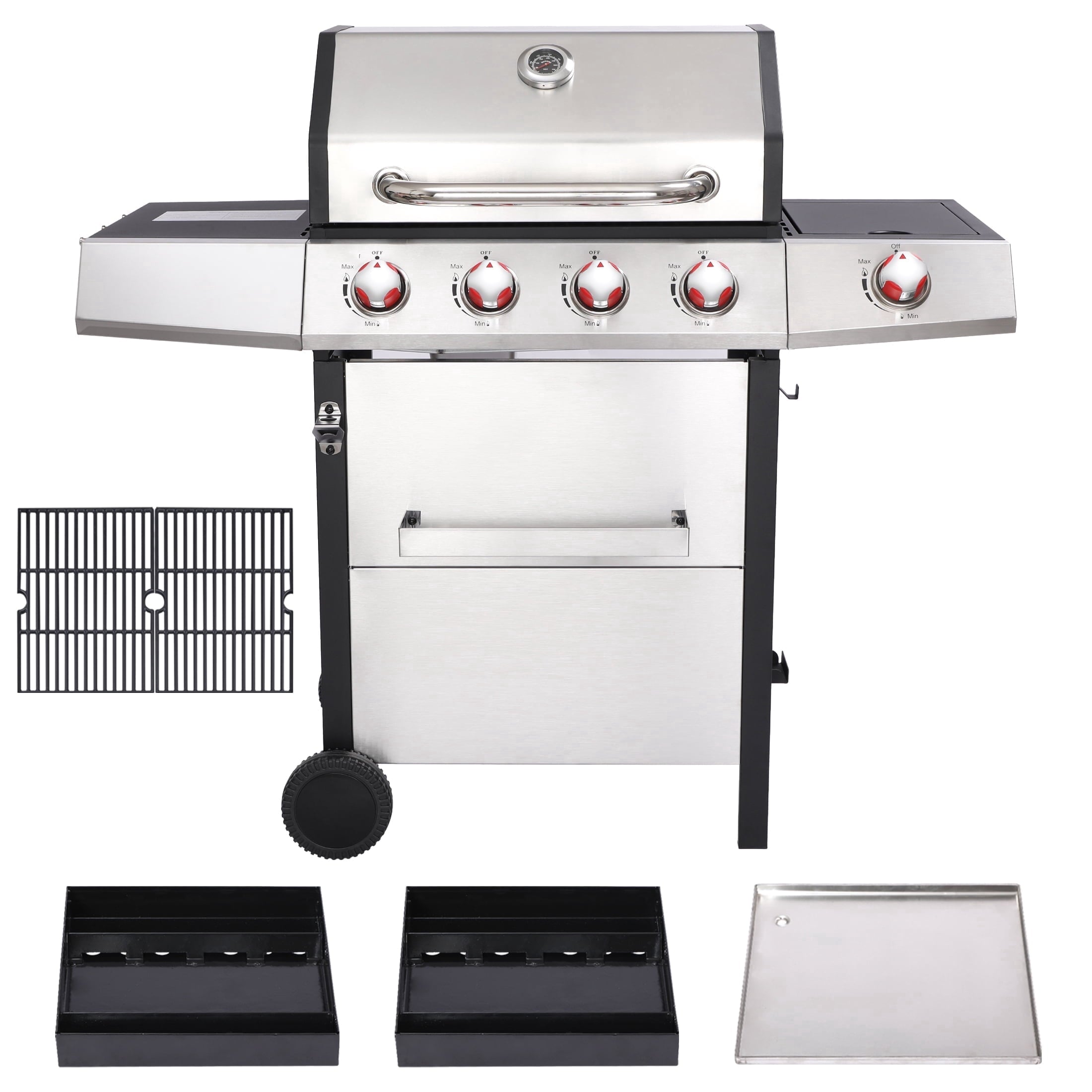 4 Burner Propane Gas Grill Combo w/Side Burner, 3-in-1 BBQ Grill with Charcoal Smoker & Griddle Plate, 46,750 BTU, 448 Sq.In. Stainless Steel Outdoor Cooking Station
