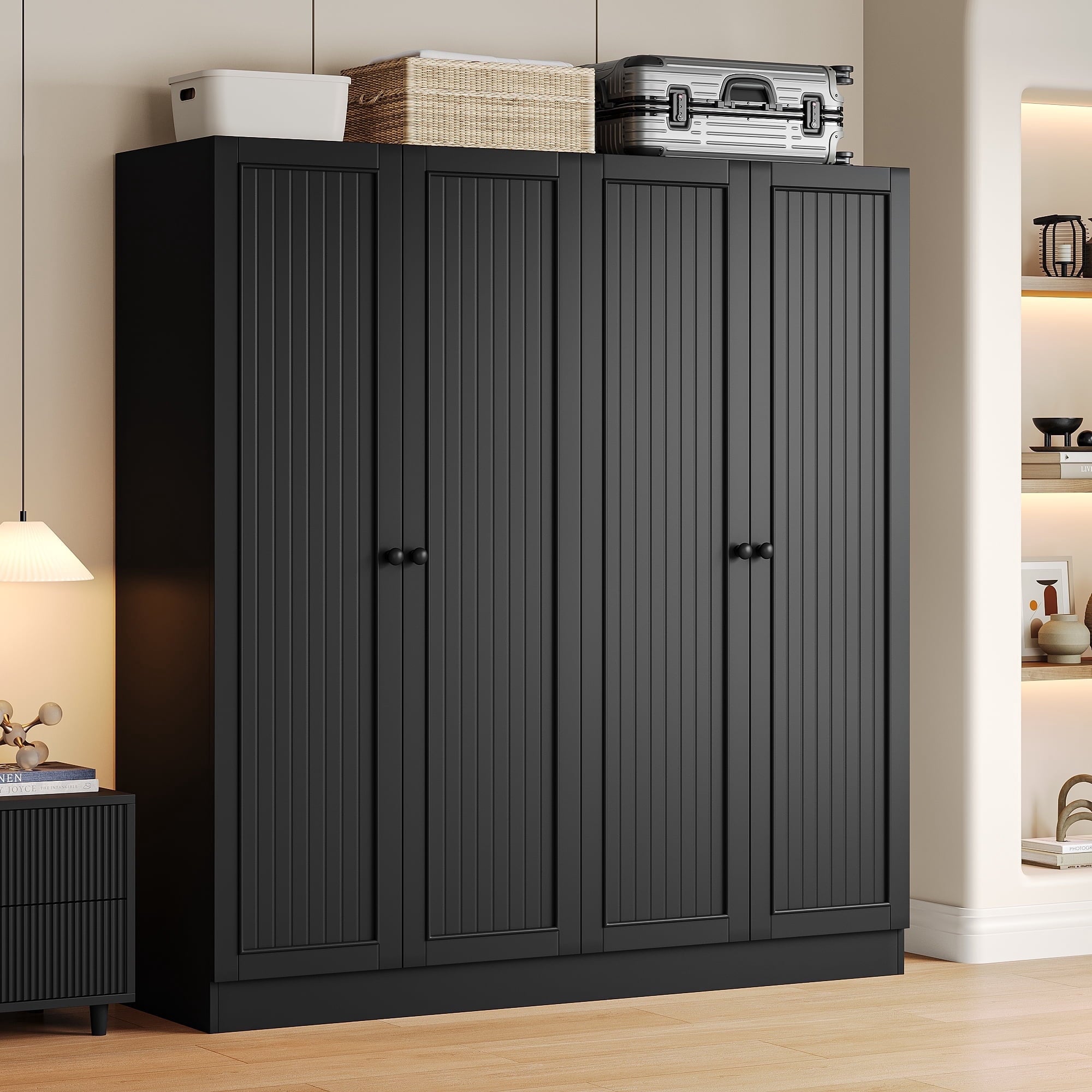 Virans  4 Door Armoire Wardrobe Closet with 2 Drawers,Adjustable Shelves & Hanging Rods,63 W Wood Clothes Cabinet Organizer for Bedroom,White