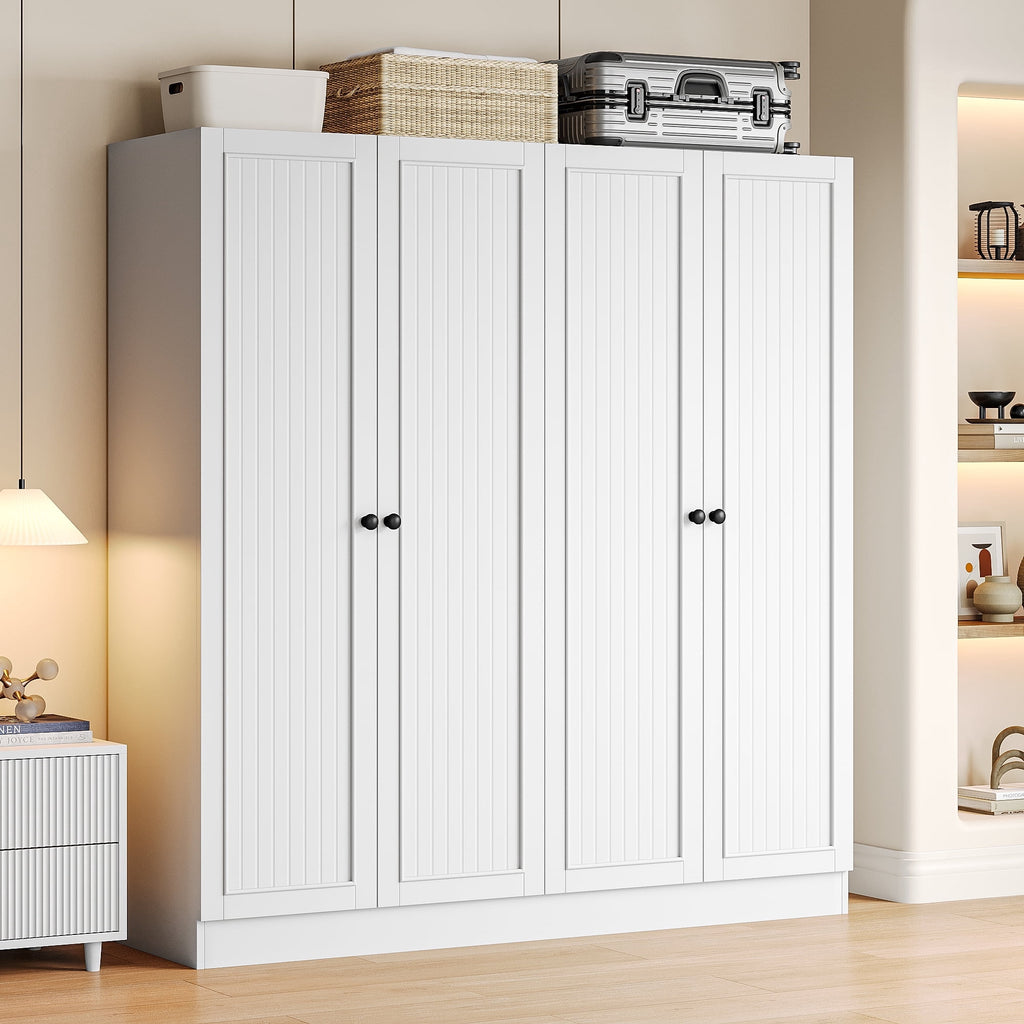 Virans  4 Door Armoire Wardrobe Closet with 2 Drawers,Adjustable Shelves & Hanging Rods,63 W Wood Clothes Cabinet Organizer for Bedroom,White