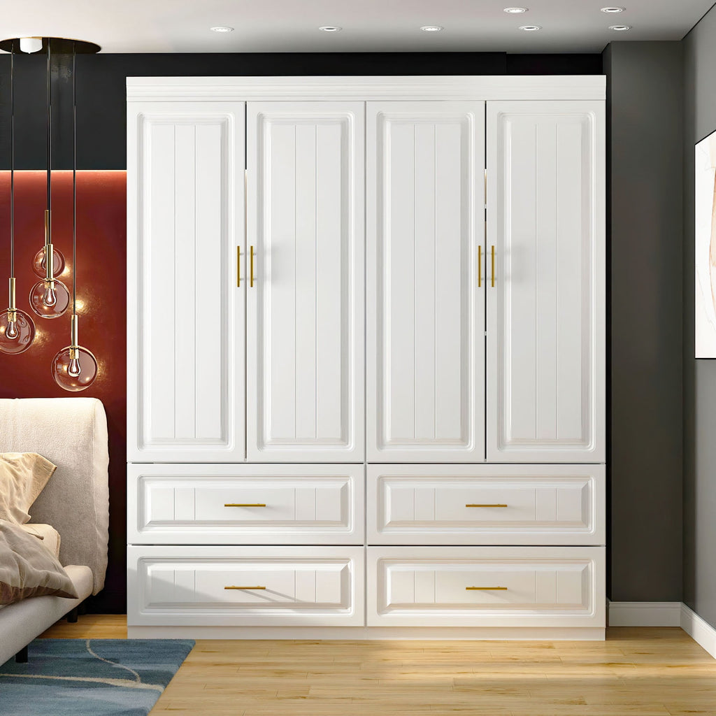 KULAGAGA 4-Door White Armoire, 63 Wide Wardrobe Storage Cabinet with Shelves and Drawers for Bedroom,74.4 H