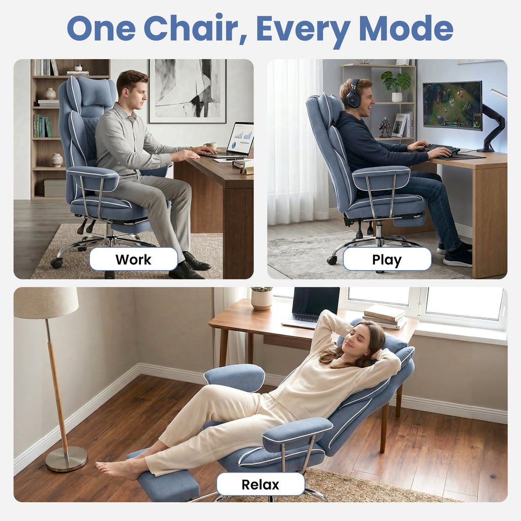 CELTOSS Executive Office Chair 400LBS, High Back Computer Chair with Arms and Footrest, Ergonomic Desk Chair with Lumbar Support, 90–135° Reclining Office Chairs for Home Work, Fabric Blue