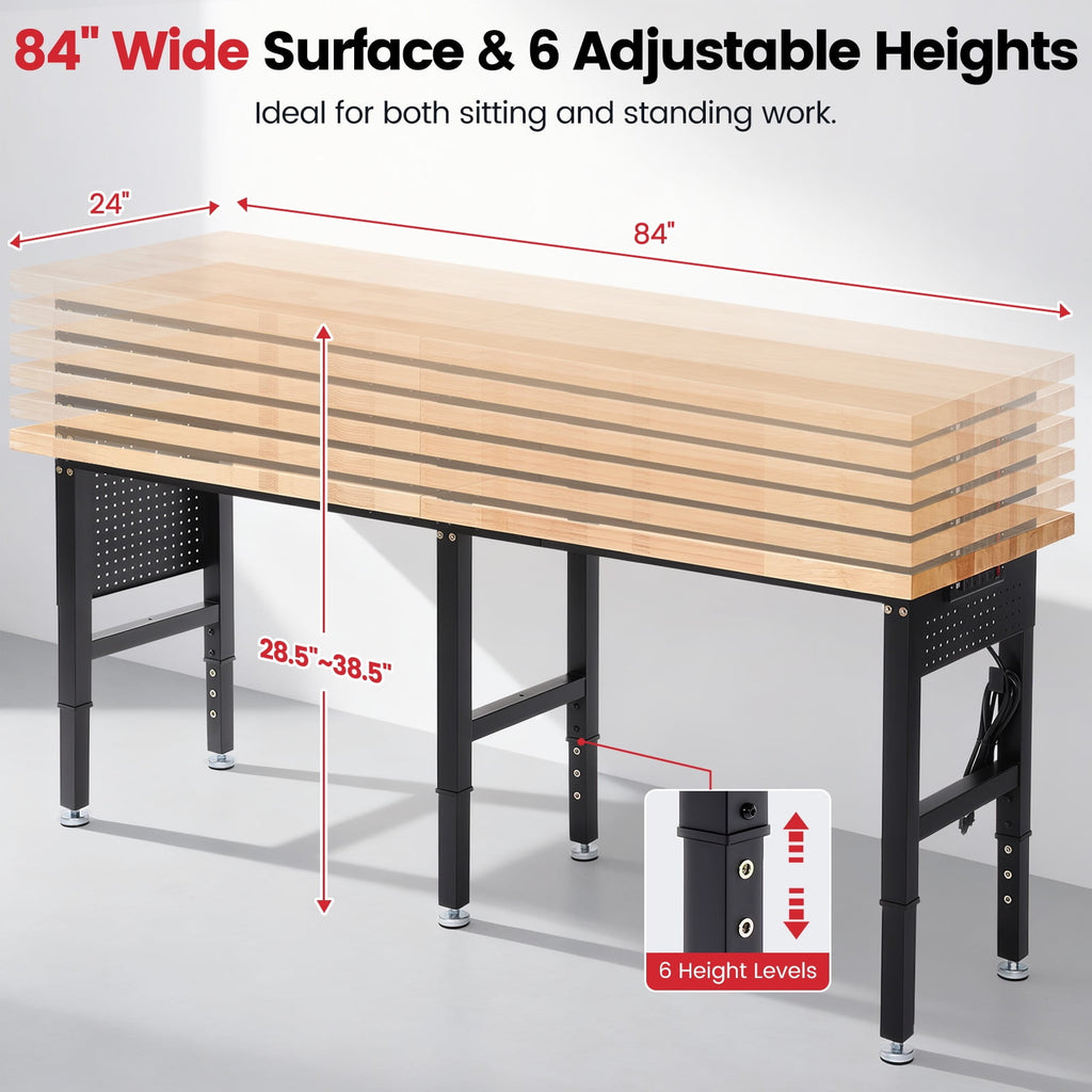 Workbench for Garage,ENJOYWOOD Heavy Duty 84 inch Wood Work Bench with Power Outlets and Peoboards,Rubber Wood Tabletop,5000 LBS Load Bearing Workstation Garage Desk Work Table