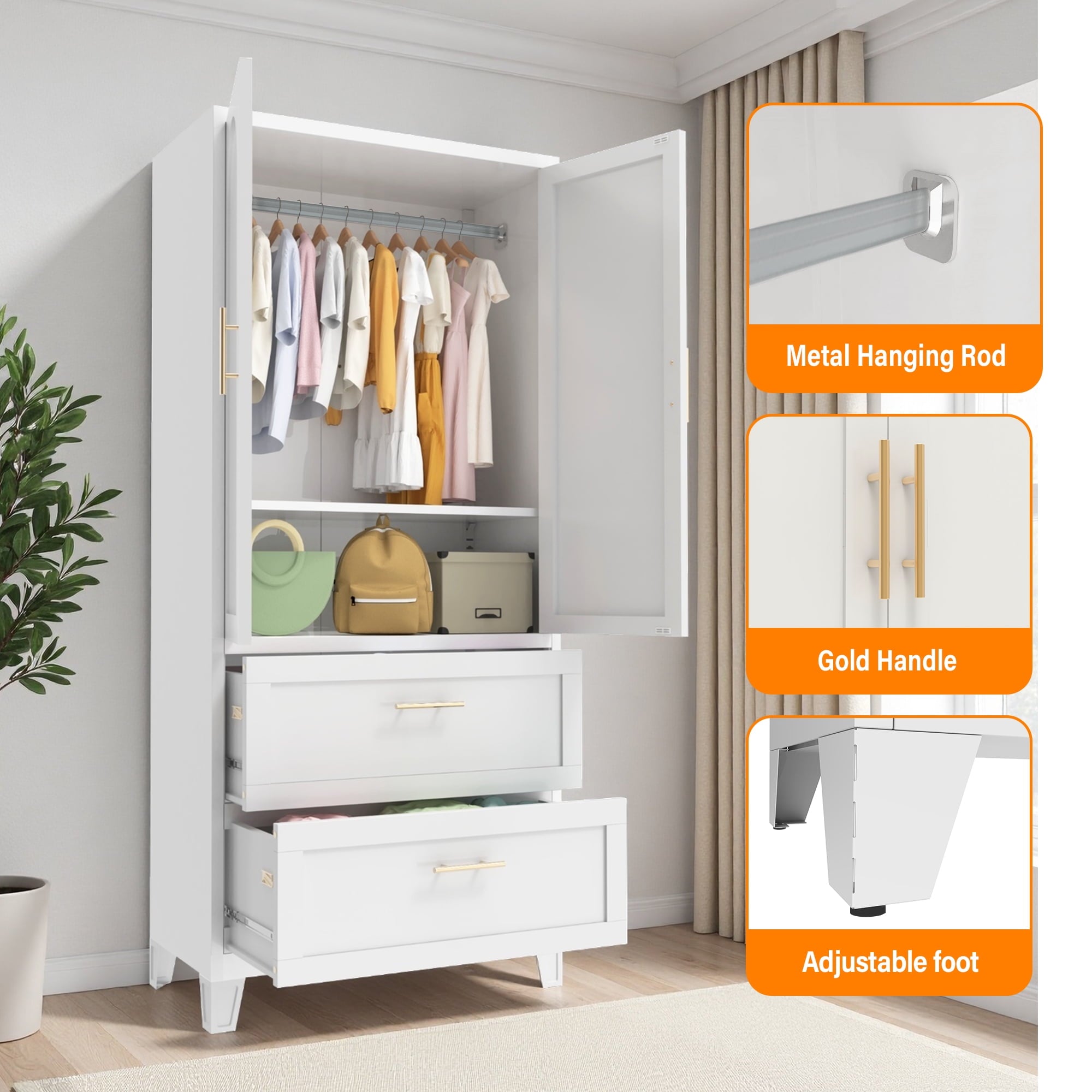 AISWORD 60 Tall Metal Wardrobe Cabinet with 1 Drawer and Hanging Rod, 2 Doors Closet with Adjustable Shelf, White