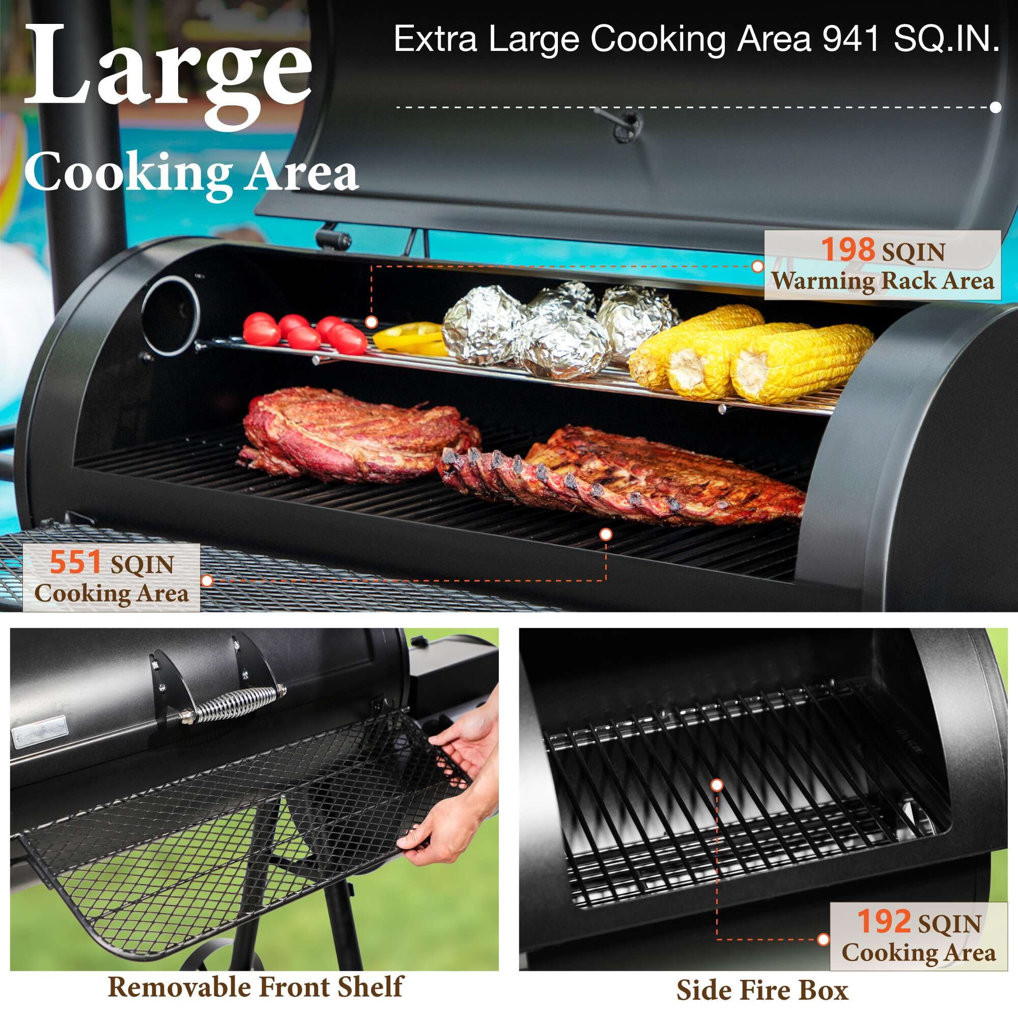 PHI VILLA 28 Charcoal Grill with Offset Smoker Black