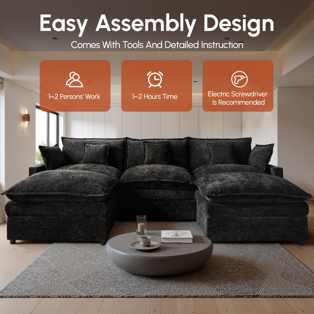Ovios 108 Modular Sectional Sofa U-Shaped Cloud Couch with 2 Ottomans, Comfy Living Room Furniture, Chenille, Gray