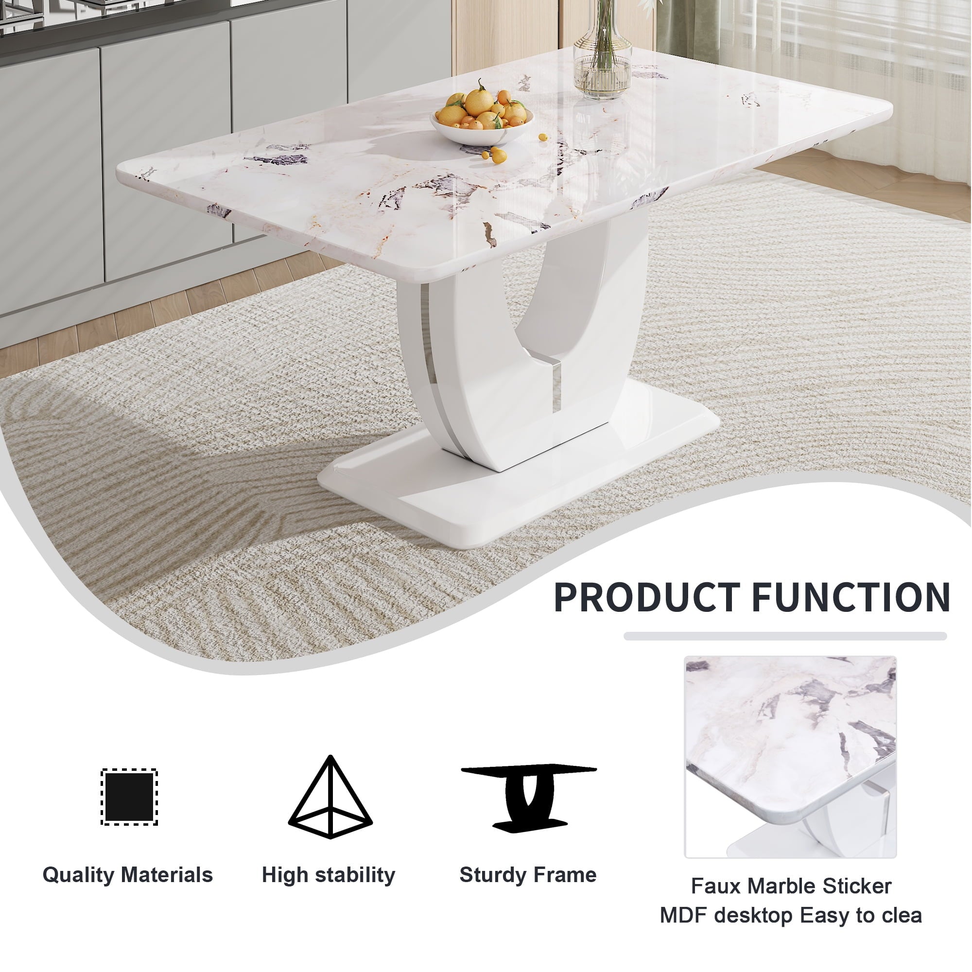 63 Modern White Rectangle Faux Marble Dining Table Room Sets for 4,Dining Table with 4 Velvet Dining Chairs,White Table and 4 Gray Chairs with Silver Leg