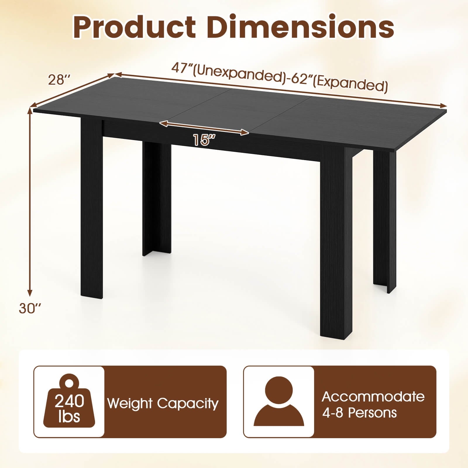 Costway 47”-62” Extendable Dining Table for 4-8 People for Dining Room Home Office Brown
