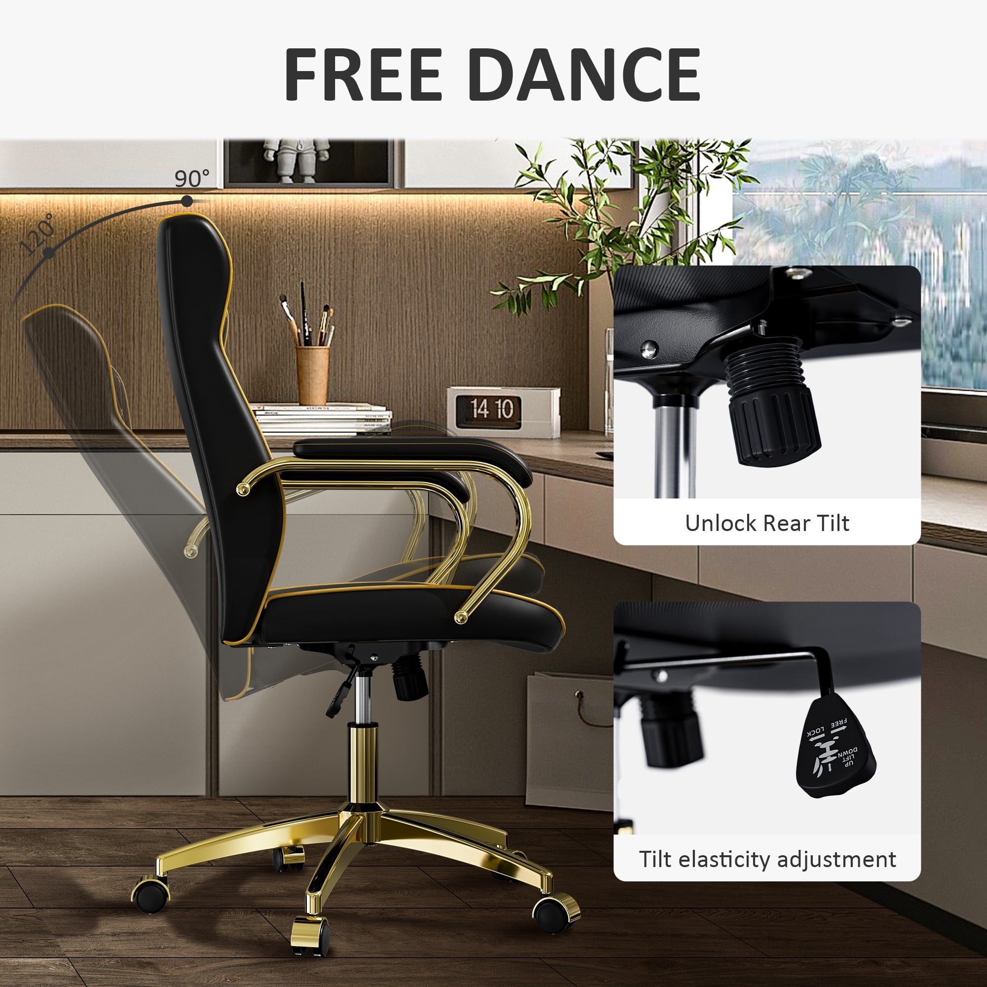 HomeZeer White and Gold Office Chair, Ergonomic High Back Executive Desk Chair with Wheels and Arms, Modern PU Leather Computer Chair with Rocking Function, White(Set of 2)
