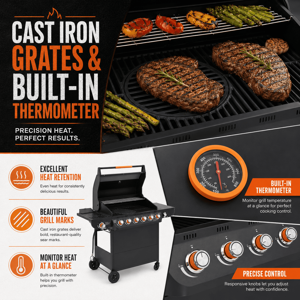 72,000 BTU Gas Grills Clearance, 6-Burner Propane BBQ Grill with Side Burner, 650 Sq.In Cooking Area, Cast Iron Grates, Warming Rack, Thermometer, Outdoor Grill for Patio Backyard
