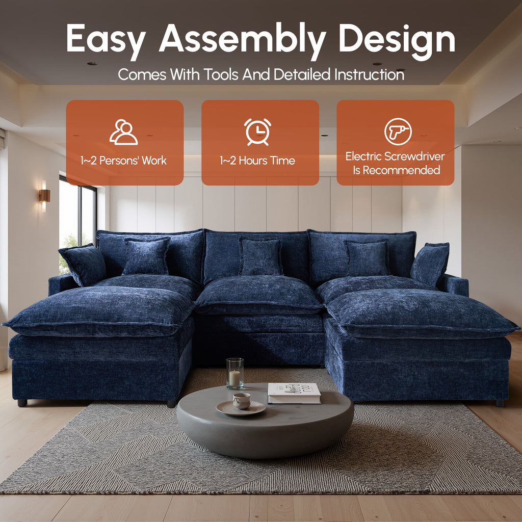 Ovios 108 Modular Sectional Sofa U-Shaped Cloud Couch with 2 Ottomans, Comfy Living Room Furniture, Chenille, Dark Blue