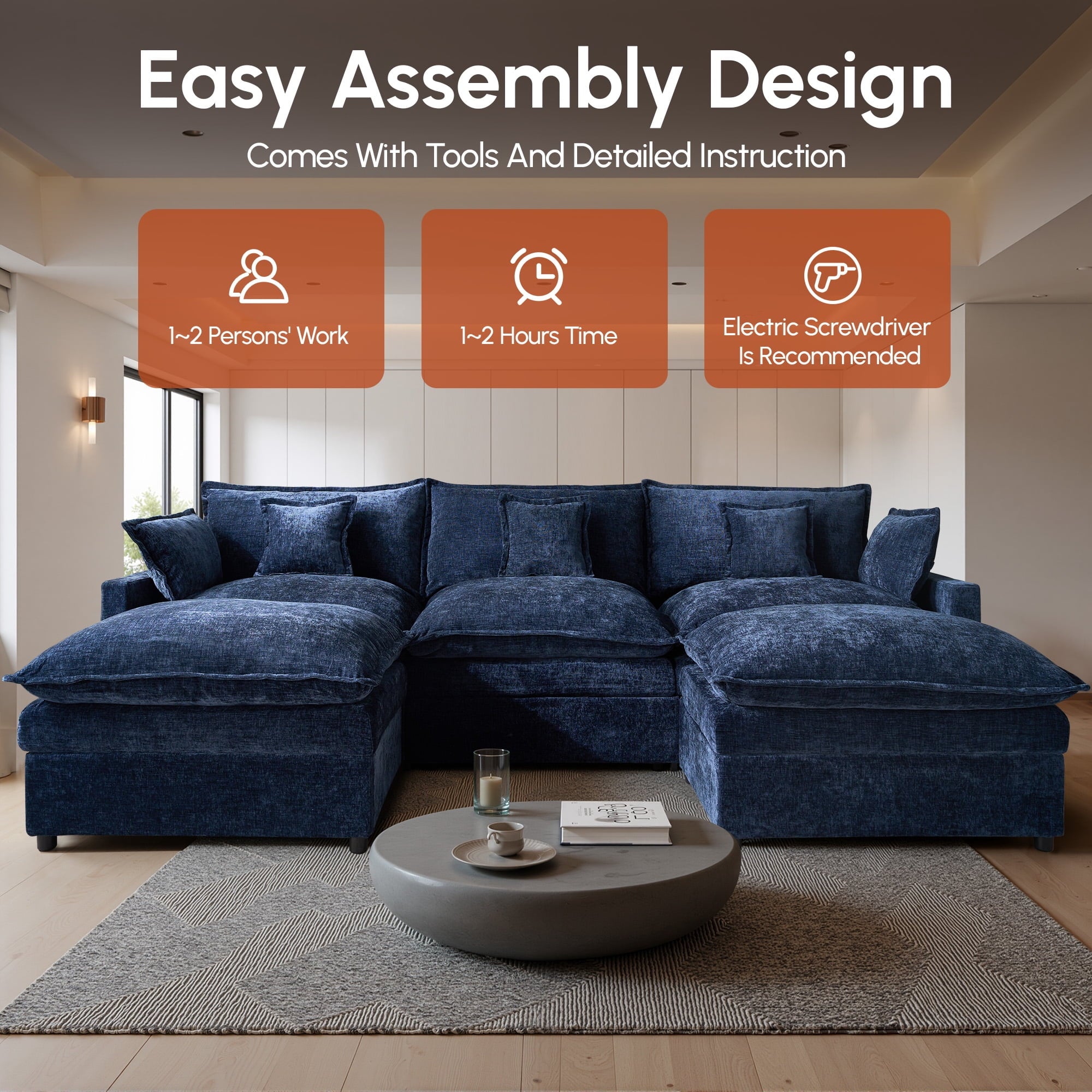 Ovios 108 Modular Sectional Sofa U-Shaped Cloud Couch with 2 Ottomans, Comfy Living Room Furniture, Chenille, Camel