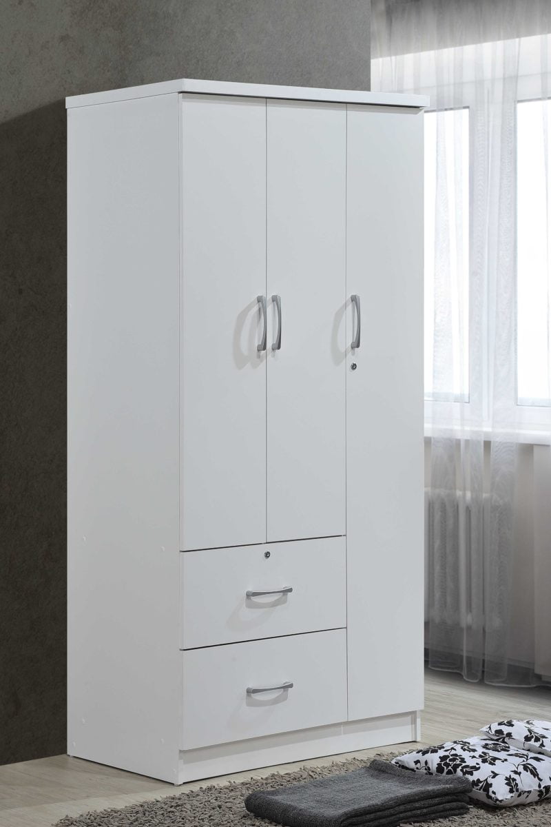 Hodedah 3 Door Bedroom Armoire with Drawers, White Finish