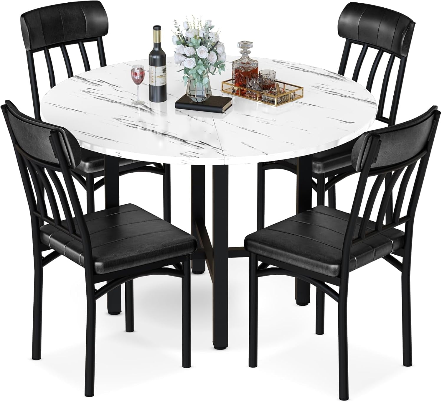 MIERES Round Dining Table Set for 4,Wood Round Kitchen Table and Chairs Set for 4,Modern Dining Room Table Set with 4 Faux Leather Chairs,Round Dinner Table for Small Space Gray