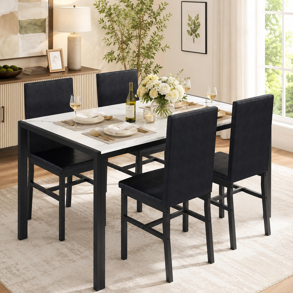 UHOMEPRO Dining Table Set for 4, 5 Piece Dining Room Table Set with Gray Velvet Upholstered Chairs, White Faux Marble Pattern Rectangle Kitchen Table Set for Breakfast Nook Small Space