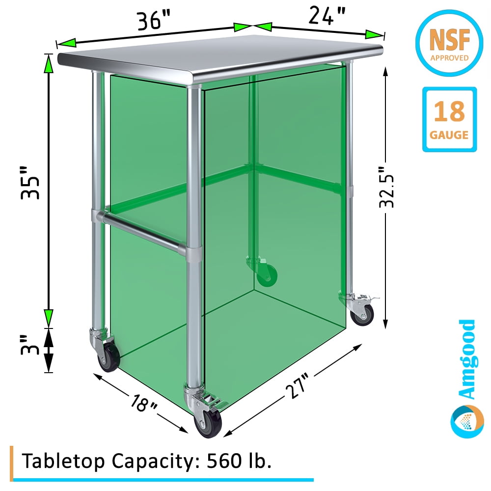 AmGood 36 Long x 30 Deep Stainless-Steel Work Table with Open Base and Wheels, Mobile Metal Table