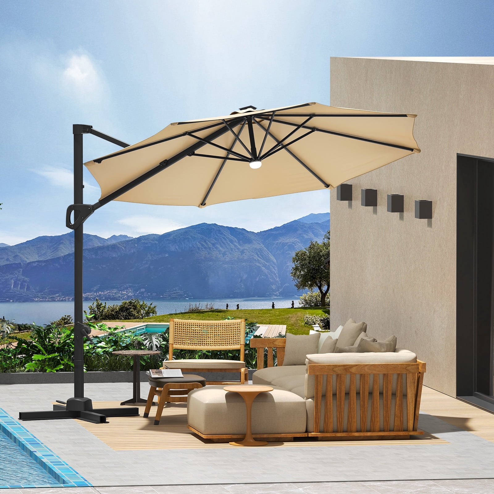 360° Rotating Cantilever Patio Umbrella – Heavy-Duty Waterproof Oxford Canopy, Adjustable Tilt, Rust-Proof Aluminum Frame, Easy Crank, Cross Base – Large Sun Shade for Garden, Poolside, Patio – Grey