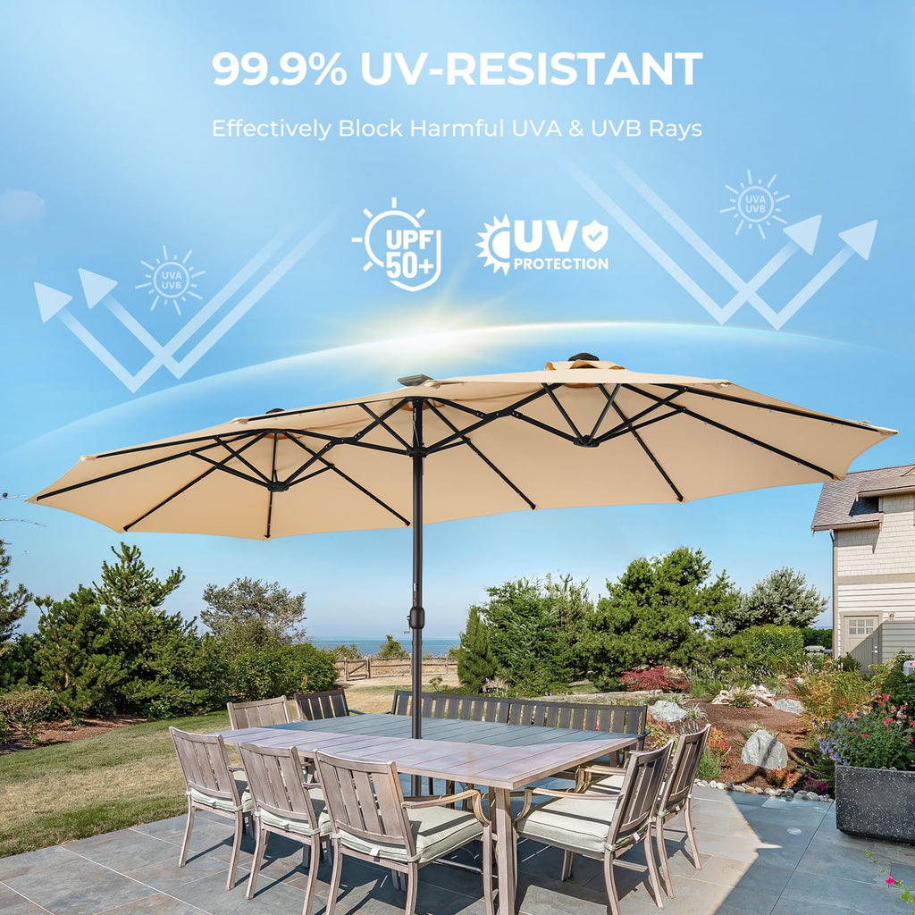 Patbrela 15ft Patio Umbrella with Light and Base, Double Sided  Large Rectangular Outdoor Umbrella with Crank Handle, for Garden, Yard, Poolside and Outdoor Activities, Gray