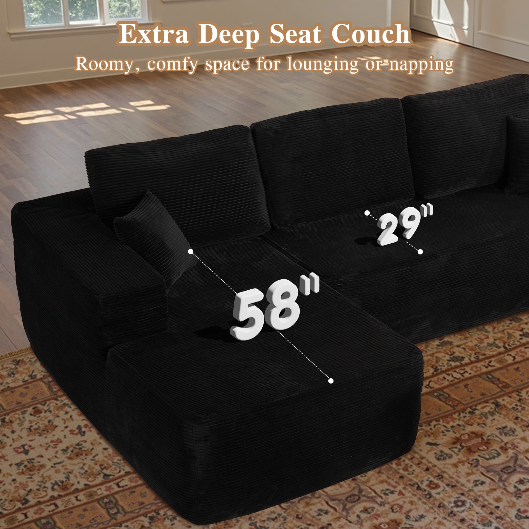 Ovios 106 Cloud Sofa Couch No Assembly Boneless Deep Seat Sofa for Living Room, Black (Corduroy)