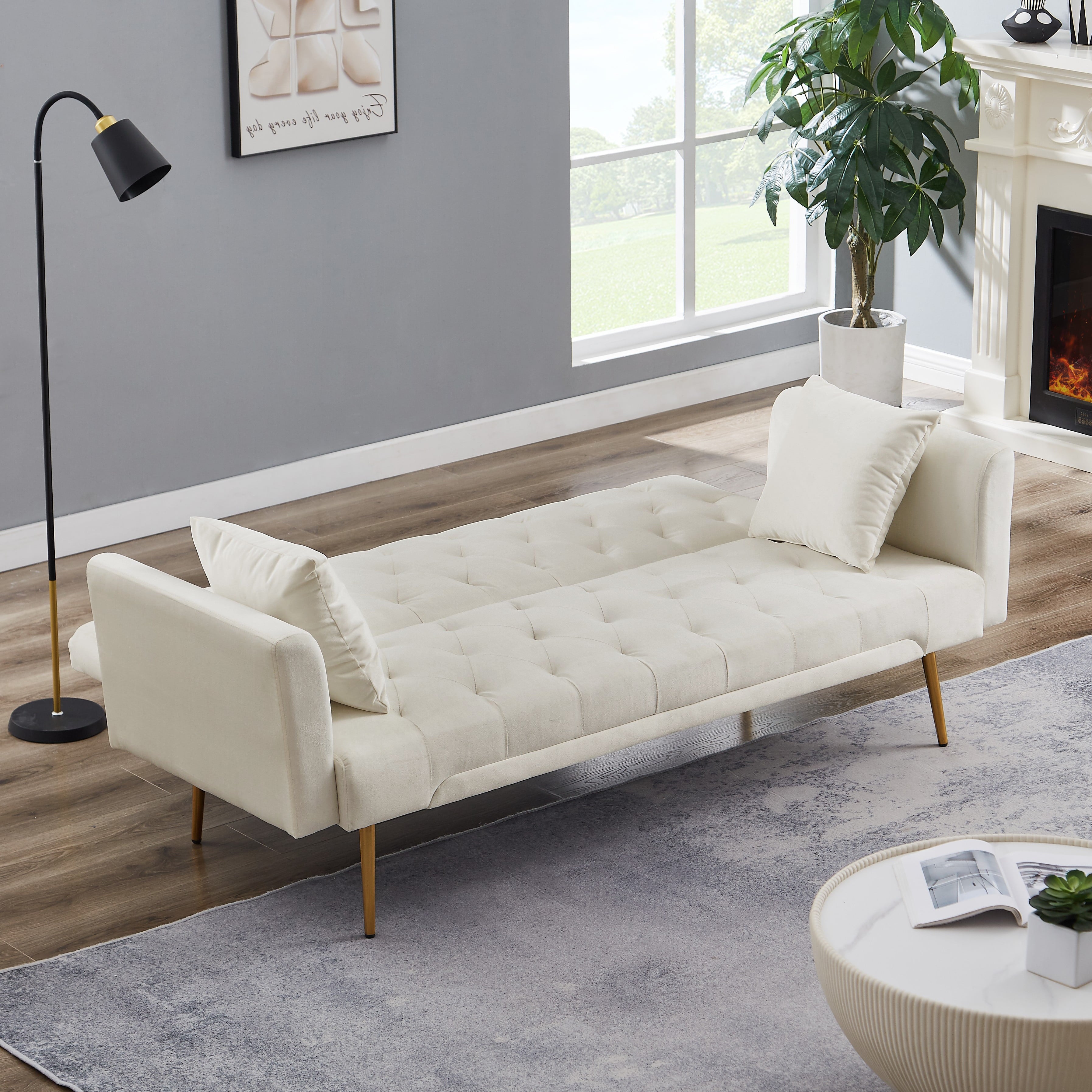 71 Inches Velvet Futon Sofa Bed with 2 Pillows,Modern Convertible Futon Couch with 3 Adjustable Backrest Angles and Gold Metal Feet,Suitable for Apartment,Living Room,Small Space,Pink
