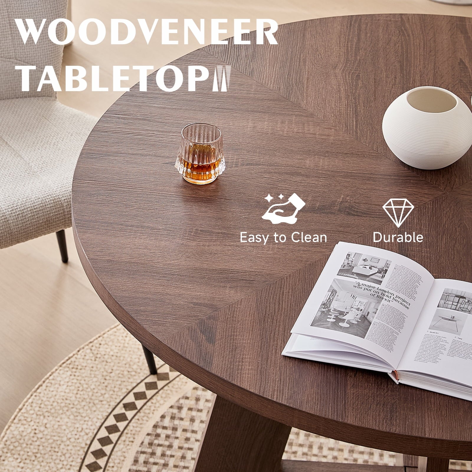 5 Piece 47'' Round Dining Table Chairs Set for 4, Farmhouse Oak Kitchen Table with 4 Boucle Mid Century Modern Dinning Room Chairs, Wood Dinner Table &Upholstered Chair Set of 4, Beige