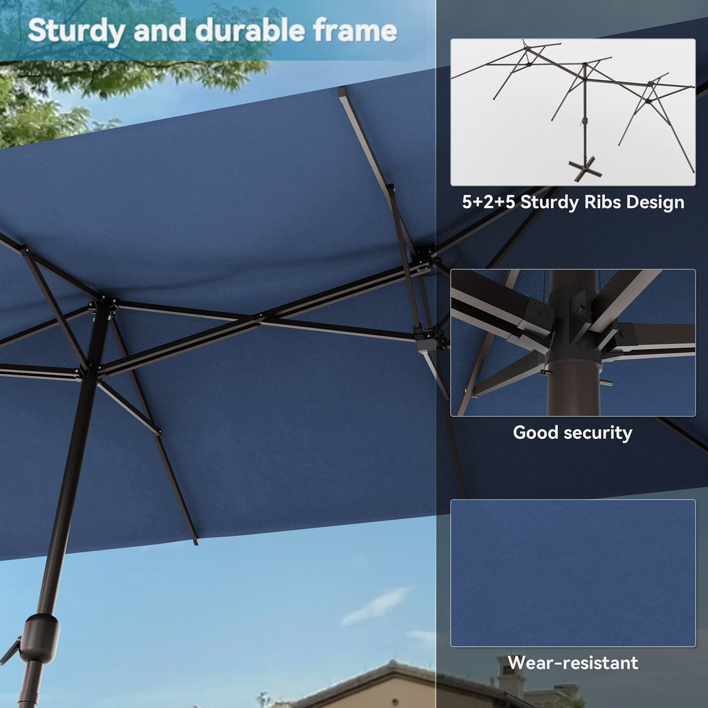 ALAULM 10 Piece Patio Dining Set w/14FT Umbrella, Metal Outdoor Furniture Set w/Rectangular table, 6 Fixed Chairs and 2 swivel rocking chairs for Patio, Backyard, Garden, Poolside（Grey）