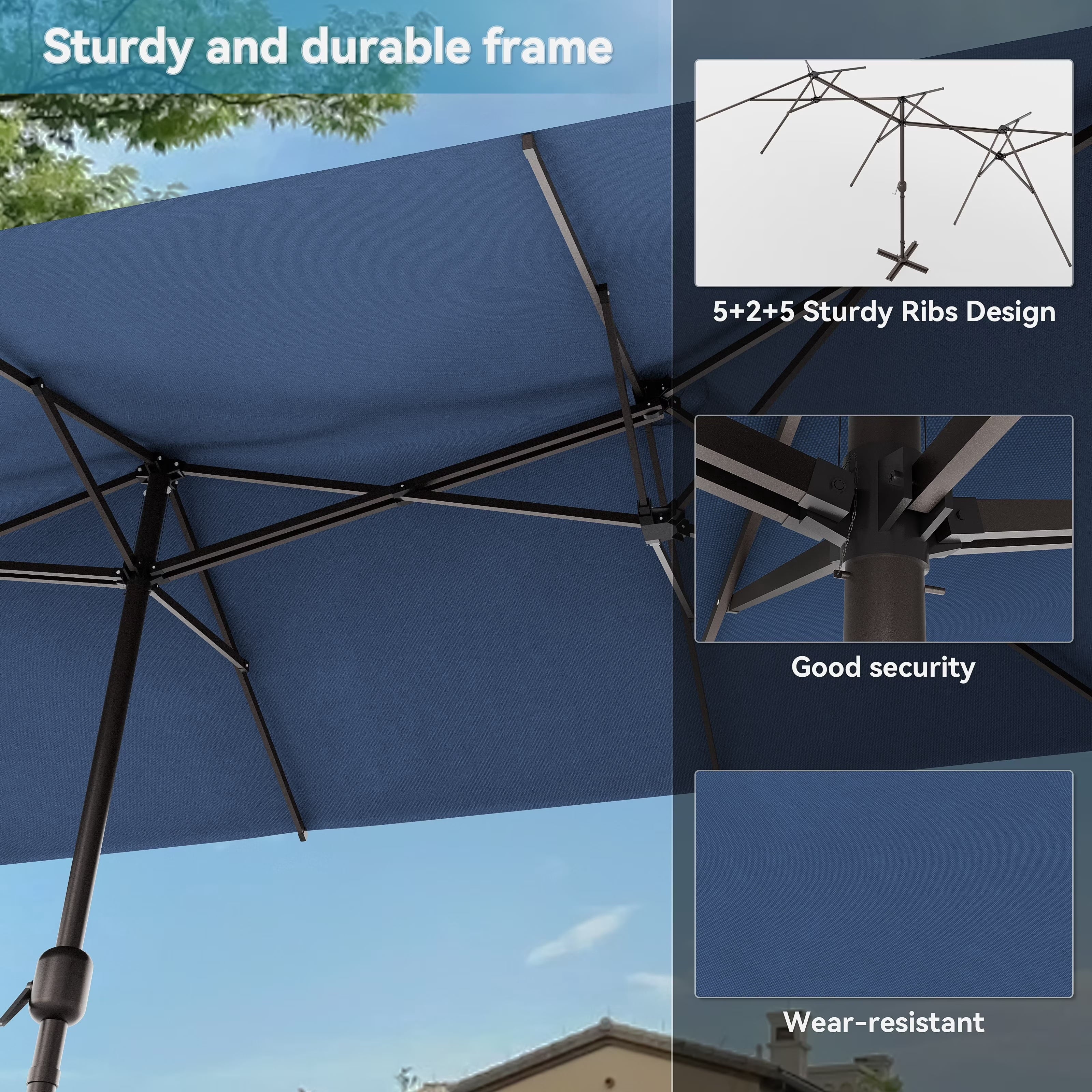 ALAULM 10 Piece Patio Dining Set w/14FT Umbrella, Metal Outdoor Furniture Set w/Rectangular table, 6 Fixed Chairs and 2 swivel rocking chairs for Patio, Backyard, Garden, Poolside（Grey）