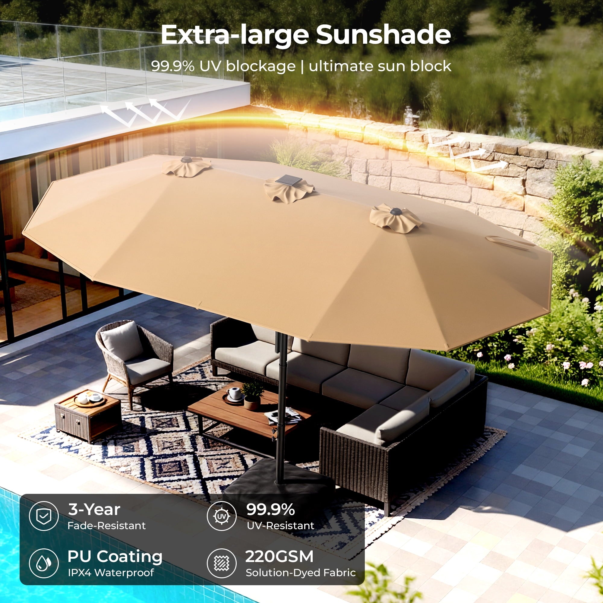 15ft Smart Electric Patio Umbrella, Large Double Sided Rectangular Outdoor Patio Umbrella with Light and Base for Lawn, Garden, Backyard,Beige